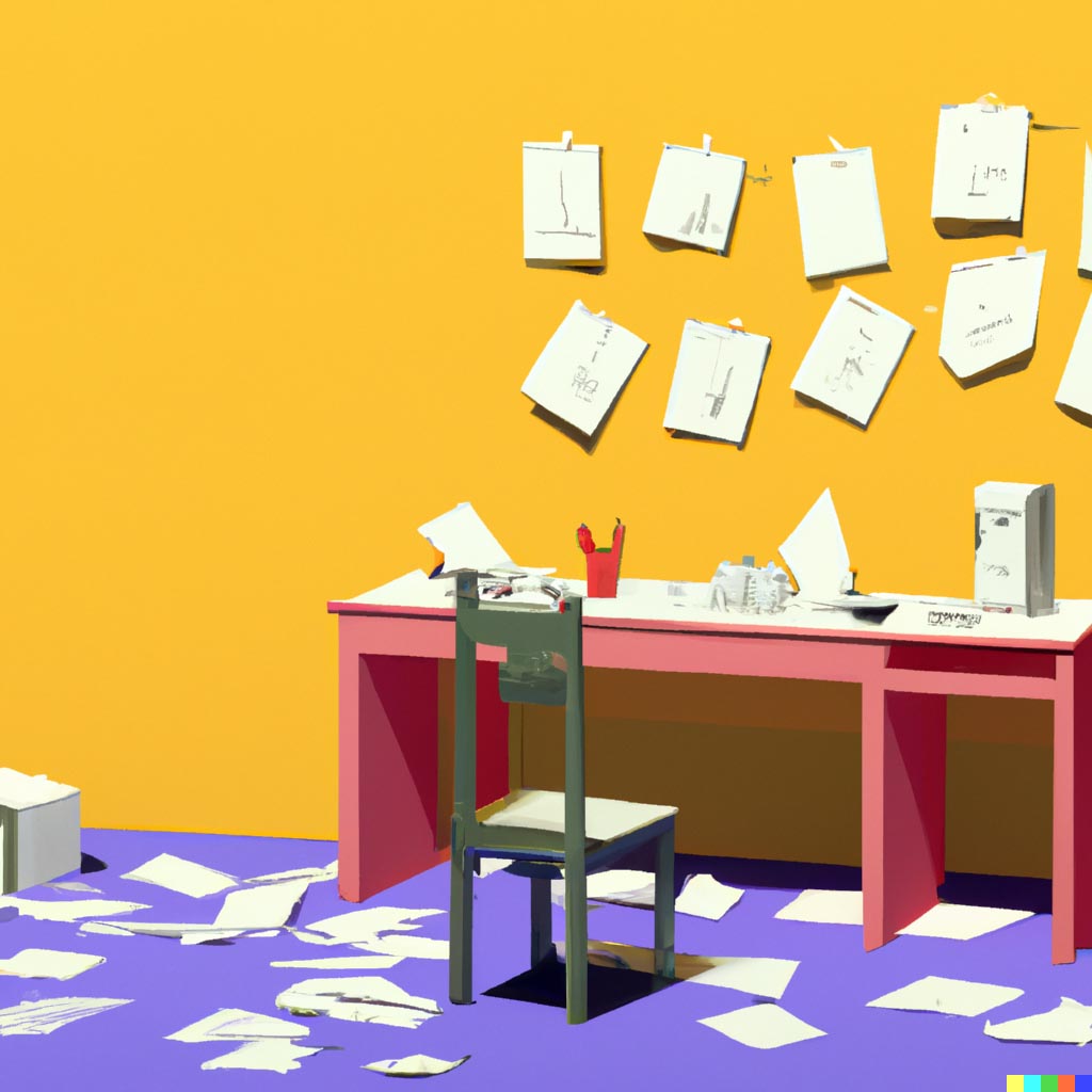DALL·E prompt: A desk scattered with many papers in a yellow room, digital art.jpg